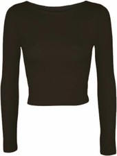 WOMENS CROP TOP LONG SLEEVE ROUND NECK T SHIRT TOPS LADIES SUMMER TOP 8-14