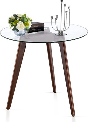 Ivinta Dining Table with Glass top, Round Kitchen Table with Wood Legs