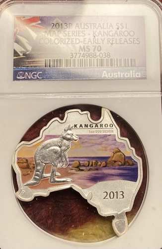 $1 2013 P Australia Kangaroo Map Series NGC MS70 Color Early Releas 6,000 Mintag