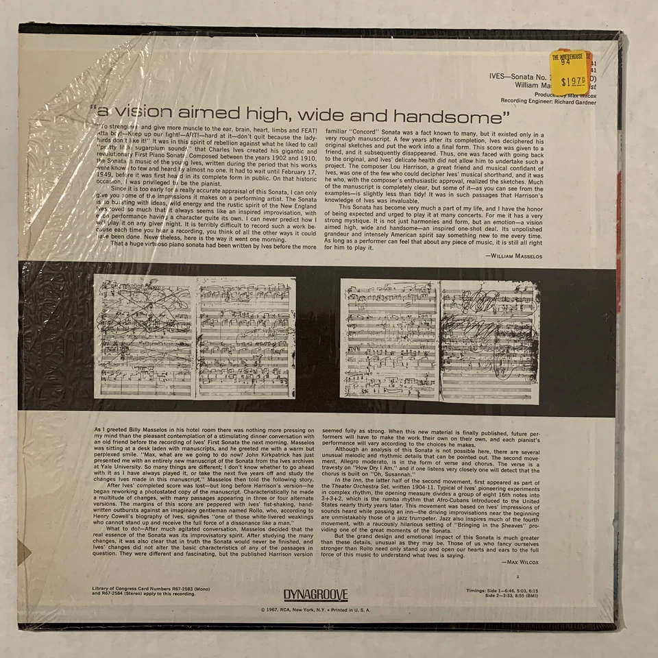 Ives фортепиано соната No1 Уильям Масселос виниловая пластинка 1967 RCA Victor Records красная печать - Изображение 2 из 4