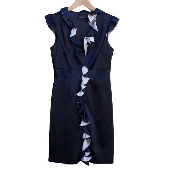 Max & Cleo Dress Womens 6 Satin Cap V-neck Ruffled Front Tuxedo Sheath Black
