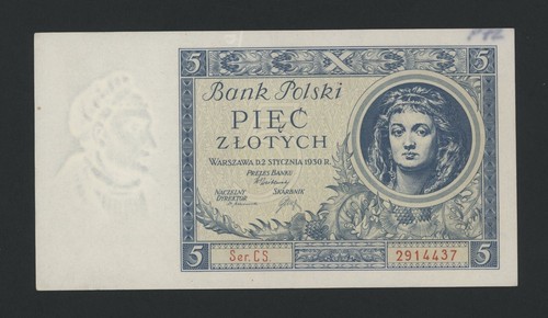 POLAND 5 ZLOTYCH 1930 PICK # 72 AU-UNC.
