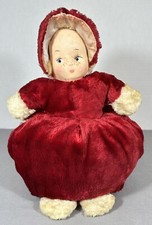 Vintage Muff Hand Warmer Plush Doll Childs Painted Face Red Fabric NICE