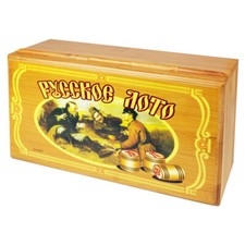 Russisches Lotto Loto Spielset im BAMBUS Holzkasten mit Holzfiguren Bingo-Spiel