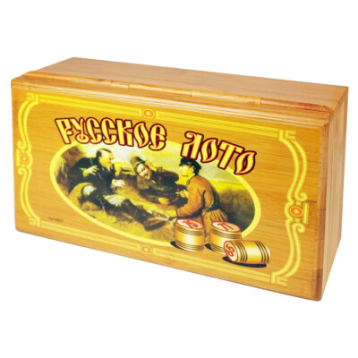 Russisches Lotto Loto Spielset im BAMBUS Holzkasten mit Holzfiguren Bingo-Spiel