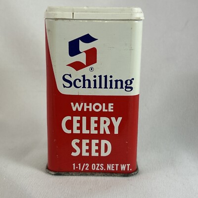 Schilling Whole Celery Seed Tin 1-1/2 oz Empty Plastic Top Uses For On Back VTG