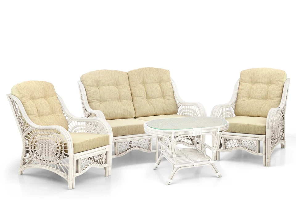 Juego de salón de ratán Malibu 2 sillas mesa de centro sofá blanco, cojines crema Foto 2 de 4