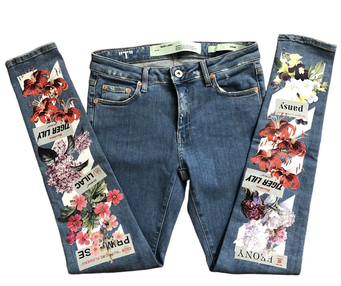 OFF-WHITE Virgil Abloh Main Label Blue Wash Skinny Denim Jeans 27 Floral  Flowers