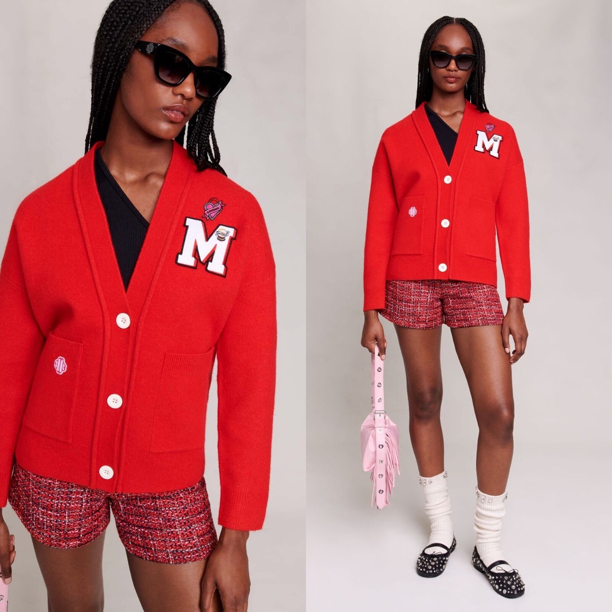 maje v neck red letterman logo wool blend aplique cardigan