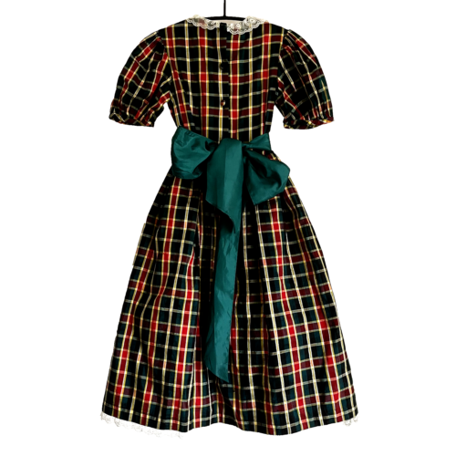 Zig Zag Dress Girls Age 9-10 Check Tartan Movie Victorian Vibe 100% Silk Britain - Picture 1 of 16