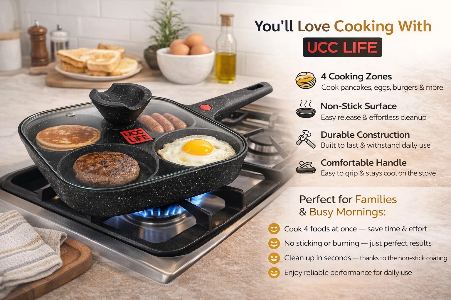 4 Hole Non-Stick Multi Pancake Egg Frying With Handle Poached Egg Pan UK