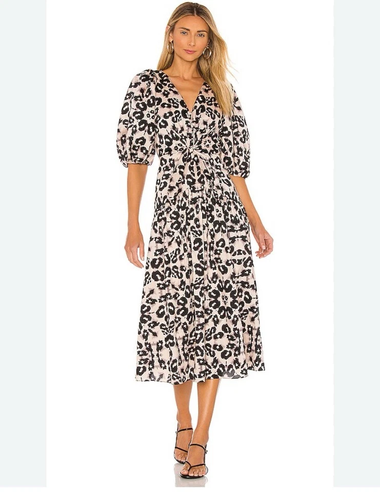 Rebecca Taylor kaleidoscope Puff Sleeve midi Leopard dress sz 12 Black cream