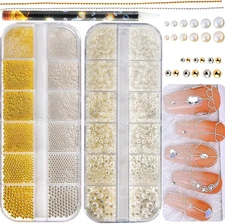 4390Pcs Gold Nail Charms Caviar Beads for Nails, 2 Box Silver & Gold Beads for N