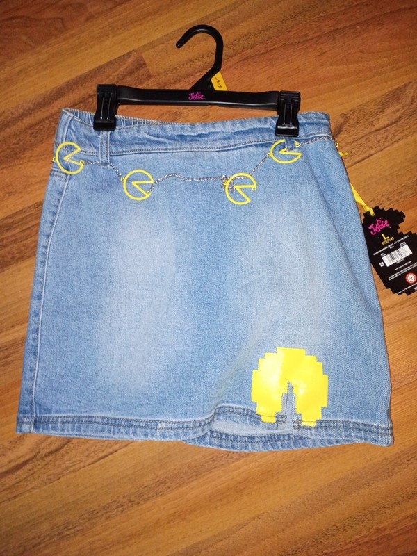 Justice Pac-Man Denim Skirt Girls L (12-14) High Rise Chain Belt Blue NWT