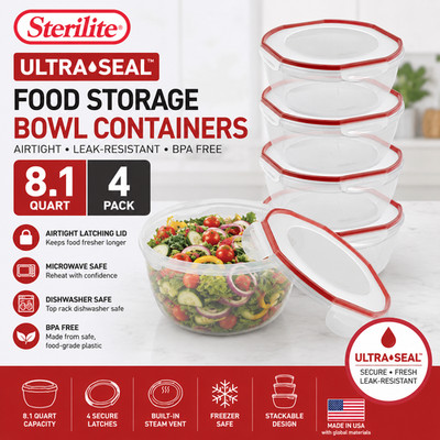 Sterilite Ultra Seal 8.1 Qt Airtight Food Storage Container 4 Pack Clear
