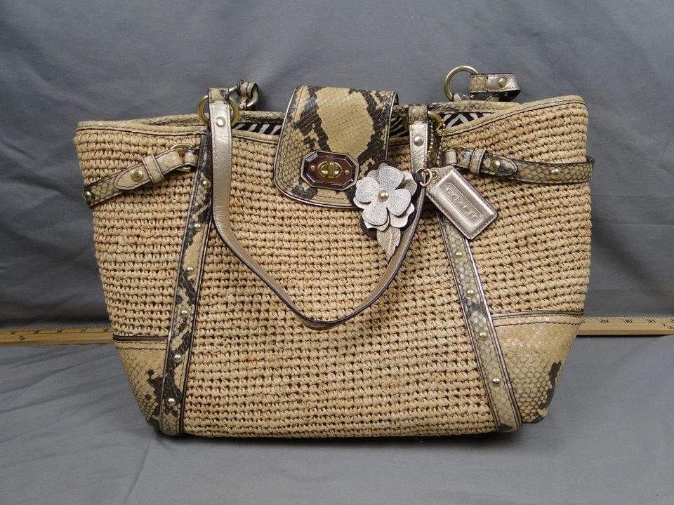 Coach Straw Python Snakeskin Shoulder Bag Handbag Applique Charm Dust Bag - Image 2 of 4