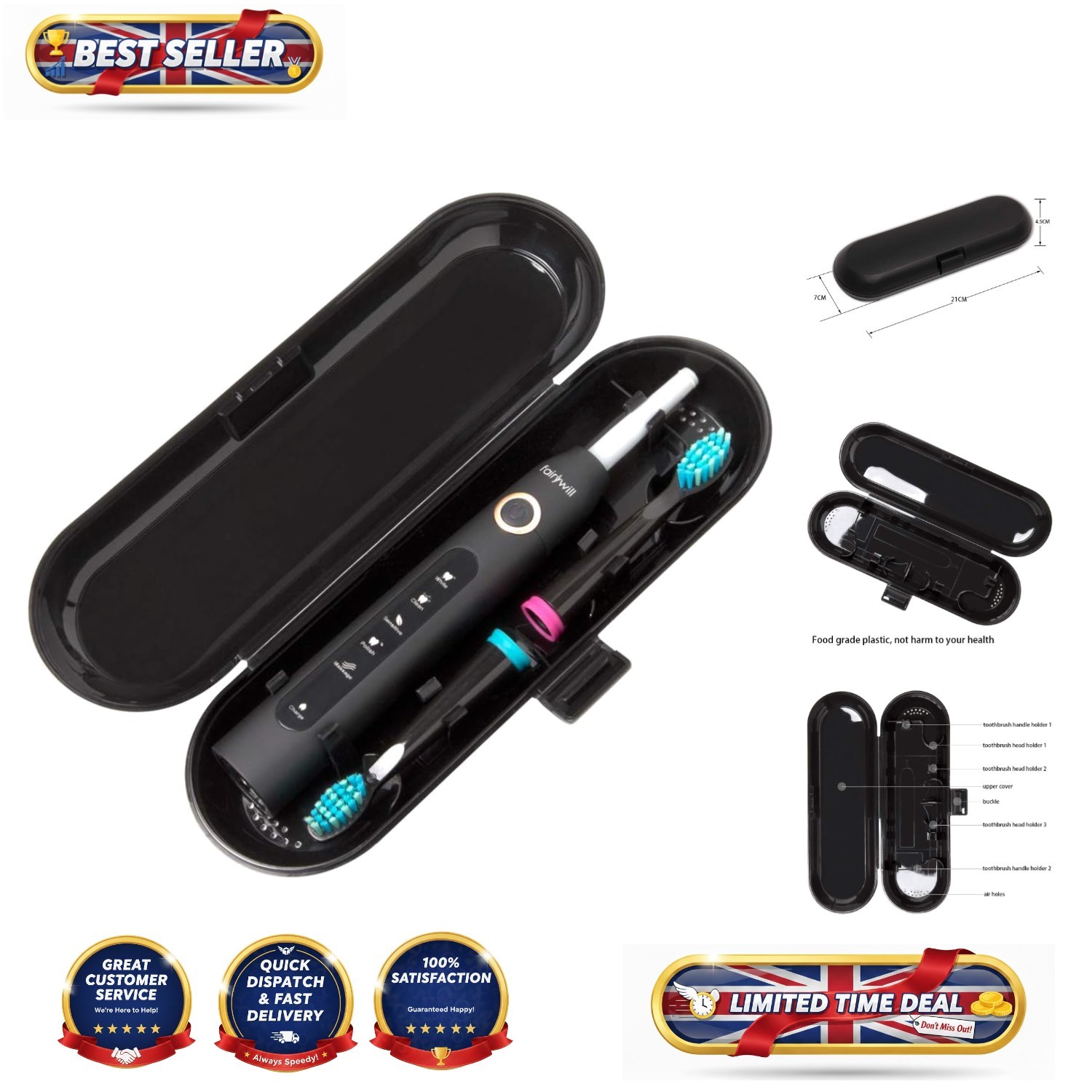 Sleek Black Travel Case for Fairywill/TEETHEORY Electric Toothbrush - 21x7 cm