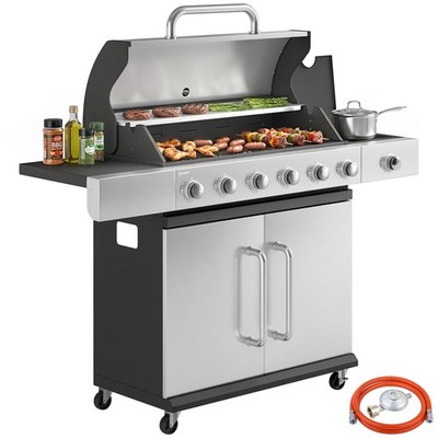 Gasgrill 18,6 KW 6+1 Brenner BBQ Grillwagen aus Edelstahl inkl Rolle Grillrost
