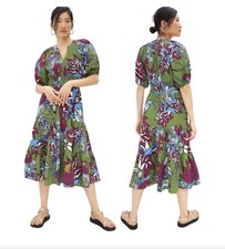 Conditions Apply 8 Midi Dress Green Floral Smocked Tiered Puff Slv Anthropologie