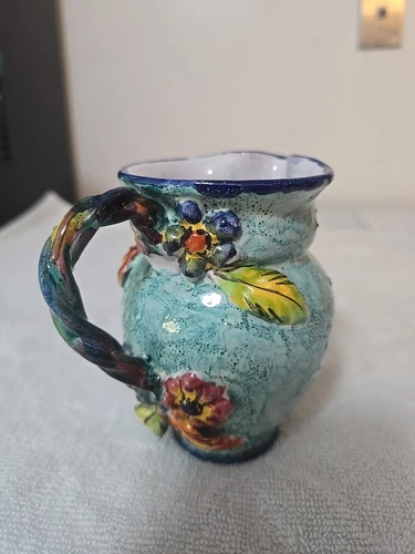 Pitcher Creamer Ceramic Pottery Flowers Vintage Italy 4.75” Tall