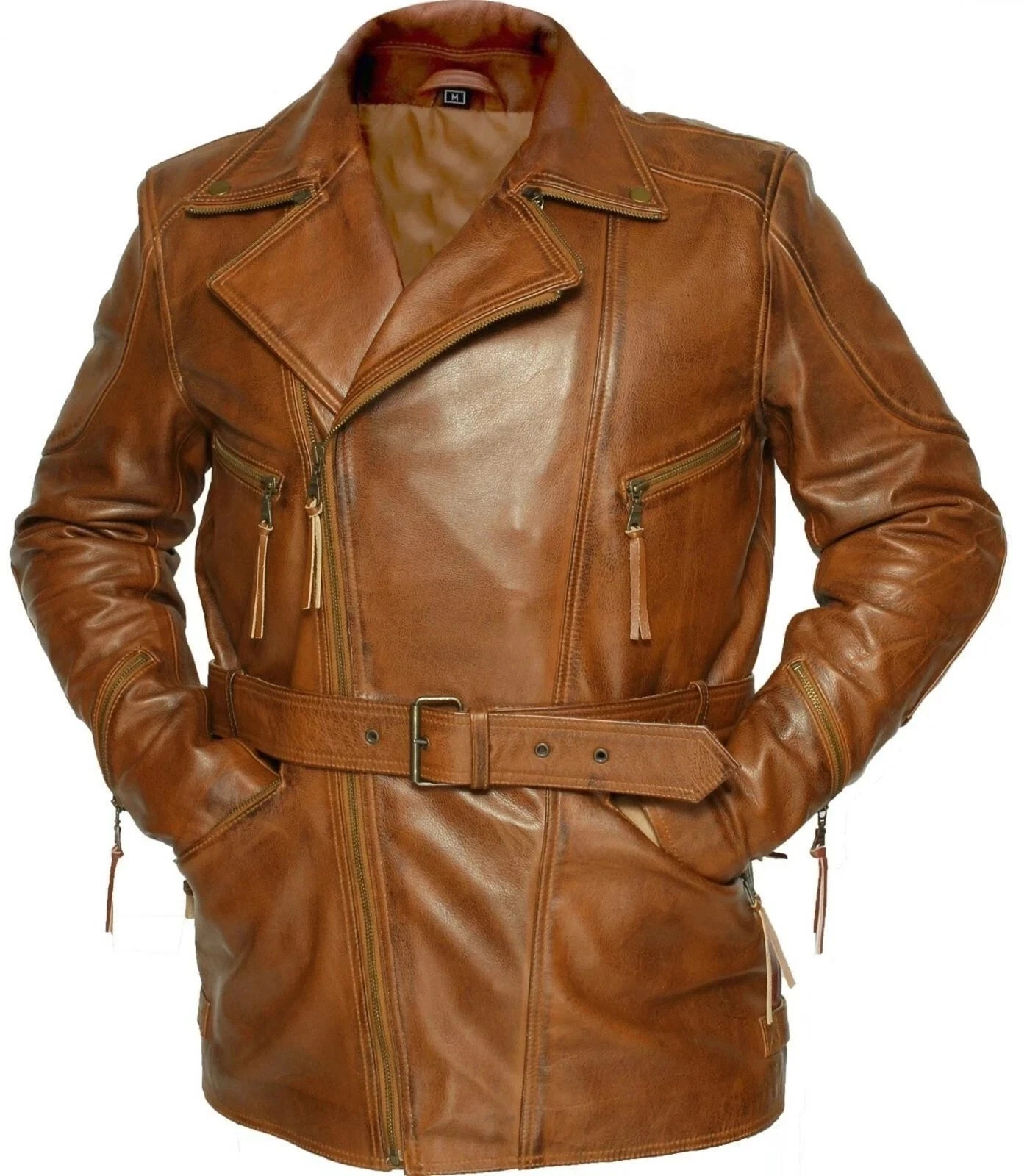 Men’s Brown 3/4 Motorcycle Jacket Long Biker Genuine Cowhide Leather Coat