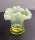 Uranium Vaseline Topaz Opalescent Mini Vase 2” Tall Fenton "37"  Tri Crimp