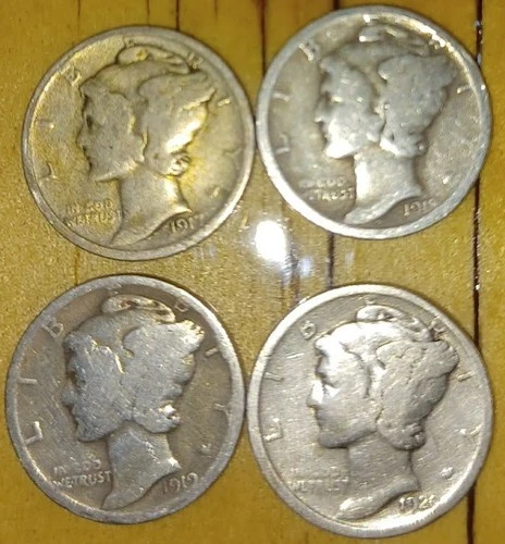 MERCURY DIMES 90% SILVER LOT OF FOUR [4] 1917, 1918, 1919, 1920 GOOD +      1162