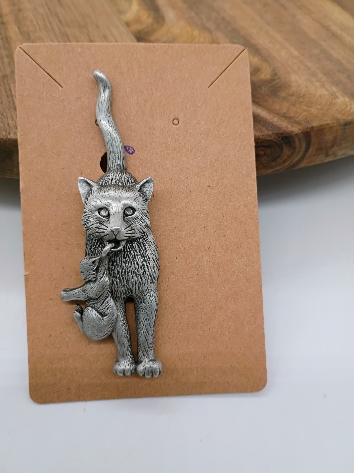Vintage JJ Jonette Jewelry Pewter Cat  with Kitten Pin Brooch Signed