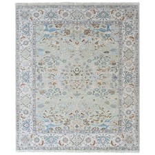 8'1"x9'10" Green Oushak with Floral Motifs Pure Wool Hand Knotted Soft Pile Rug