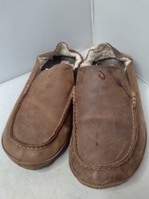 Olukai Mens Moloa Slipper Size 9 Brown Leather Shearling Fur Lining Loafer A2