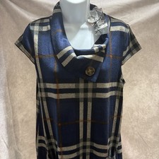 NWT Papillon Plaid Drape Cowl Neck Sweater Dress Pockets Cap Sleeve Blue Medium