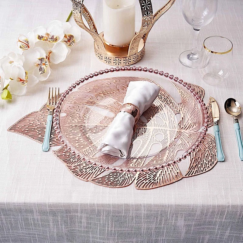 6 ROSE GOLD 18" Tropical Monstera Leaf Metallic Vinyl PLACEMATS Wedding Party - Image 3 of 4