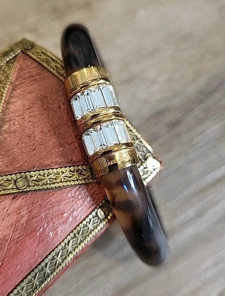 MICHAEL KORS Tortoise Lucite Hinged Bangle Bracelet w/ Clear Baguette Accents - Image 3 of 4