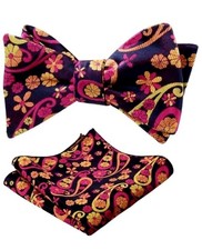 Men's Bow Tie Magenta And Colorful Floral With Matching Handkerchief Self Tie