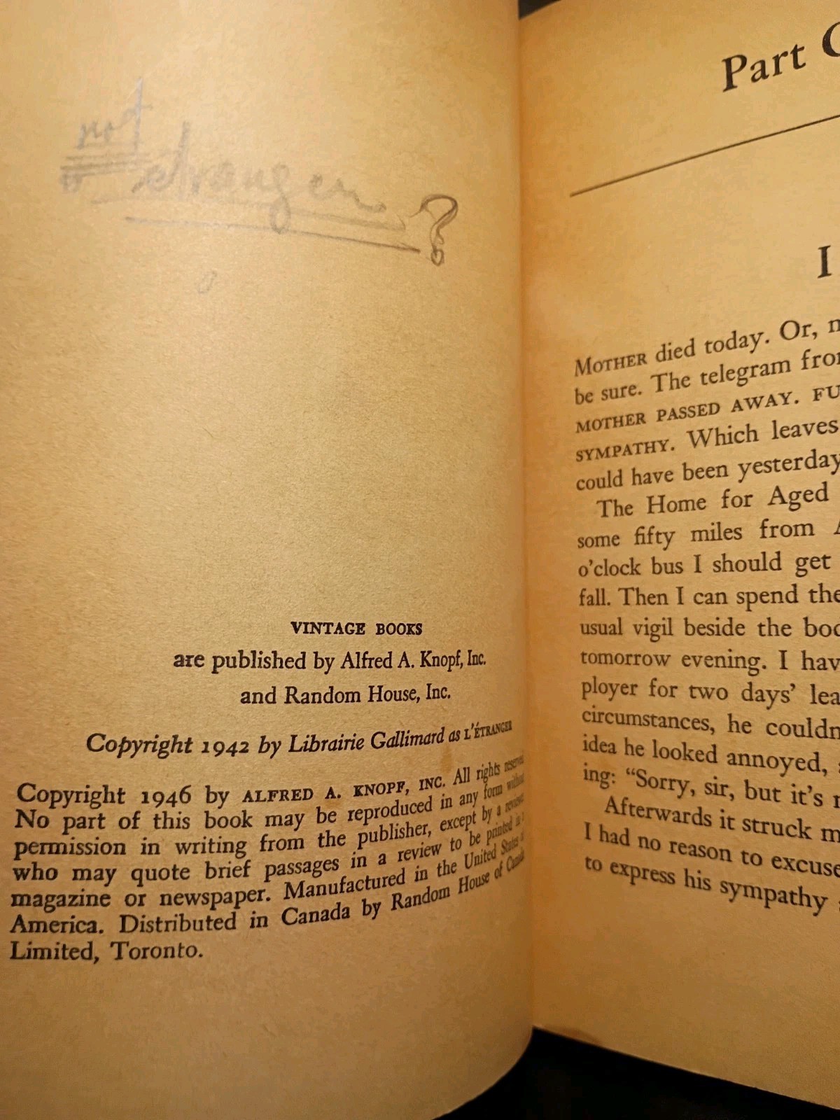 The Stranger A Novel by Albert Camus 1946 Vintage Books 1st Edition 