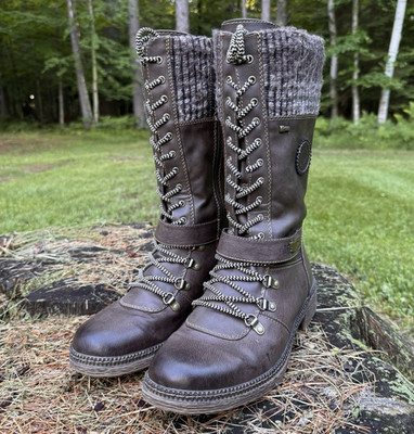 Spring Step Ababi Taupe Lace-Up Mid-Calf Boots Zipper Round Toe Womens 9 EU40