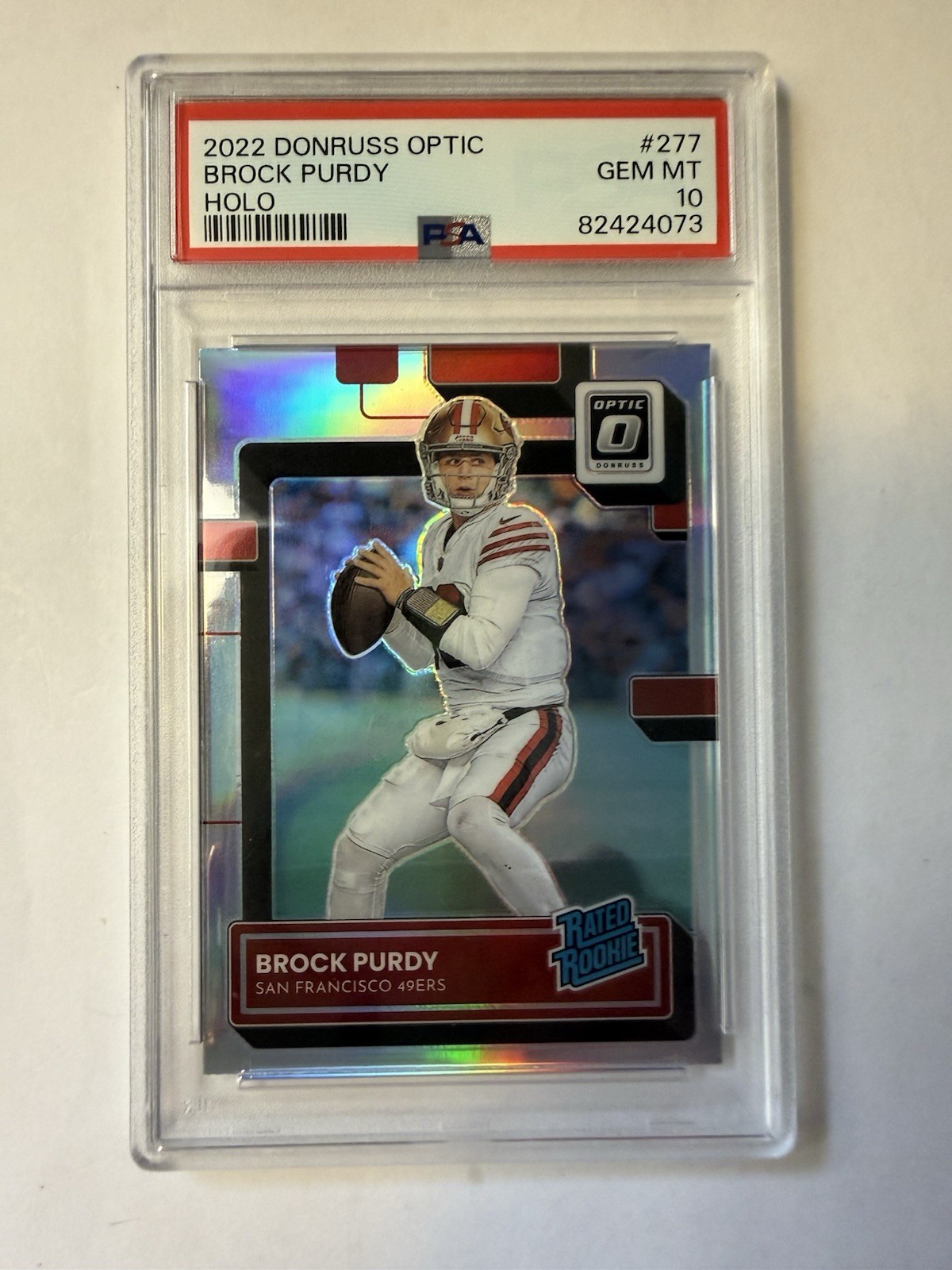 BROCK PURDY 2022 DONRUSS OPTIC RATED ROOKIE HOLO PRIZM #277 49ERS PSA 10 Q1755 view 2