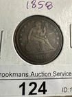 1858 25c Silver liberty seated quarter arrow and rays AU !!!