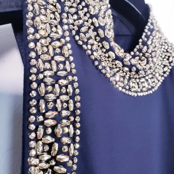 Vestido formal de graduación, con cuentas, lentejuelas doradas, espalda abierta, azul marino, talla 1, Blondie Nites Foto 4 de 4