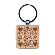 Hearts Rainbow Background Engraved Wood Square Keychain Tag Charm