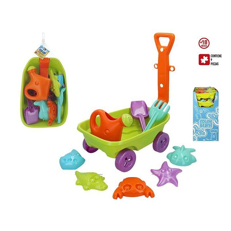 Set De Playa/Vagoneta 40Cm+Pala+Rastrillo+Regadera+5 Mol - Color Beach