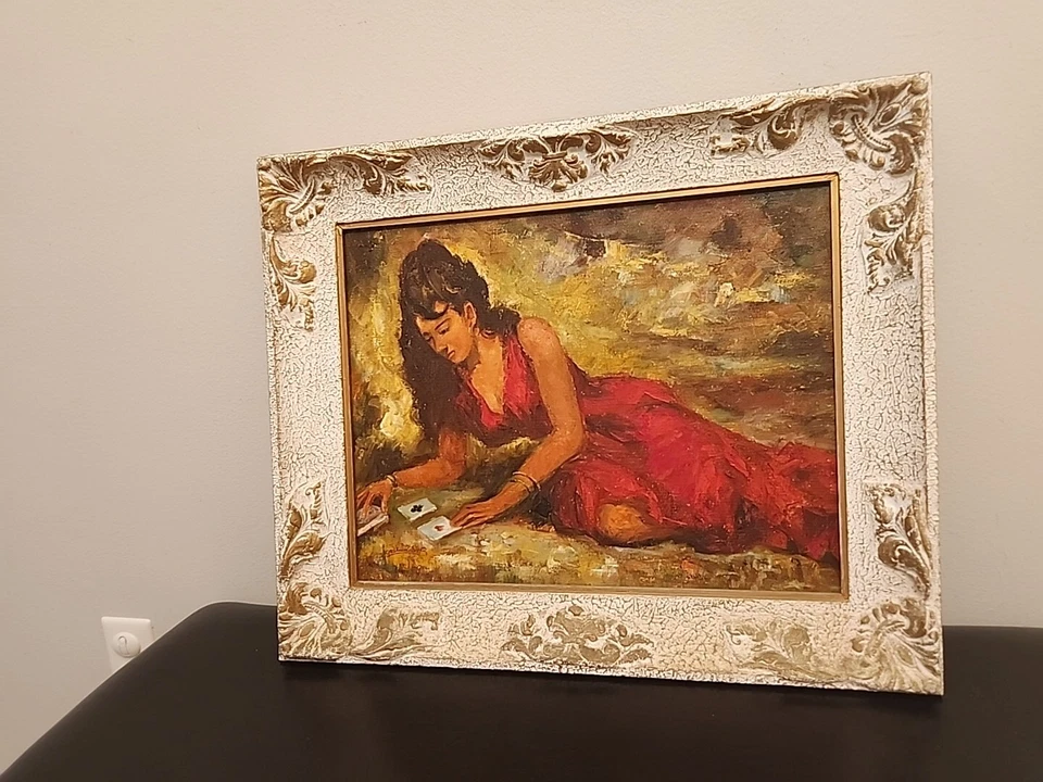 Pintura firmada óleo sobre lienzo después de Robert Van Cleef As de corazones 18x14 enmarcada Foto 4 de 4