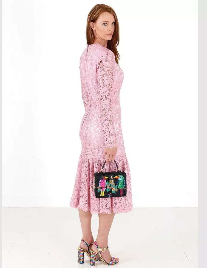 Dolce Gabbana Pink Floral Guipure Lace Flounce Hem Midi Dress Silk Size 38