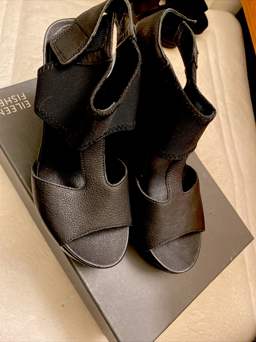 EILEEN FISHER Dote Wedge Sandals Shoes Heels. Jet Black 5.5 .Flash