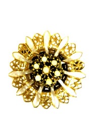 Vintage Flower Pin Brooch Victorian Style Brass/Gold Tone Opalescent Cabochons