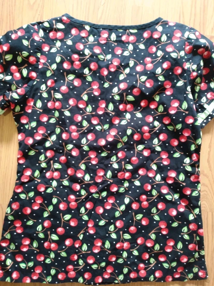 MARY ENGELBREIT M E Size XS Medical Scrub Top Shirt Black Red w/Cherries - Image 3 of 3