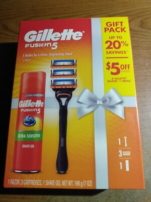 GILLETTE Fusion 5 Gift Pack Razor, Three 5 Blade Cartridges & Shave Gel NEW