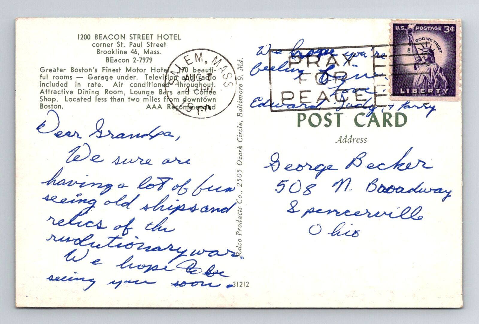 Brookline MAMassachusetts, Beacon Street Hotel, Vintage c1960 Postcard