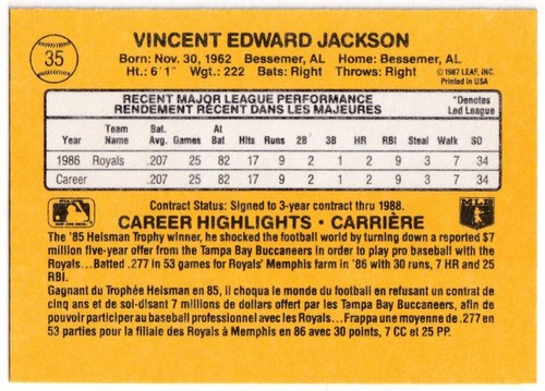 1987 Leaf / Donruss #35 Bo Jackson Rated Rookie RC Kansas City Royals - Picture 2 of 2