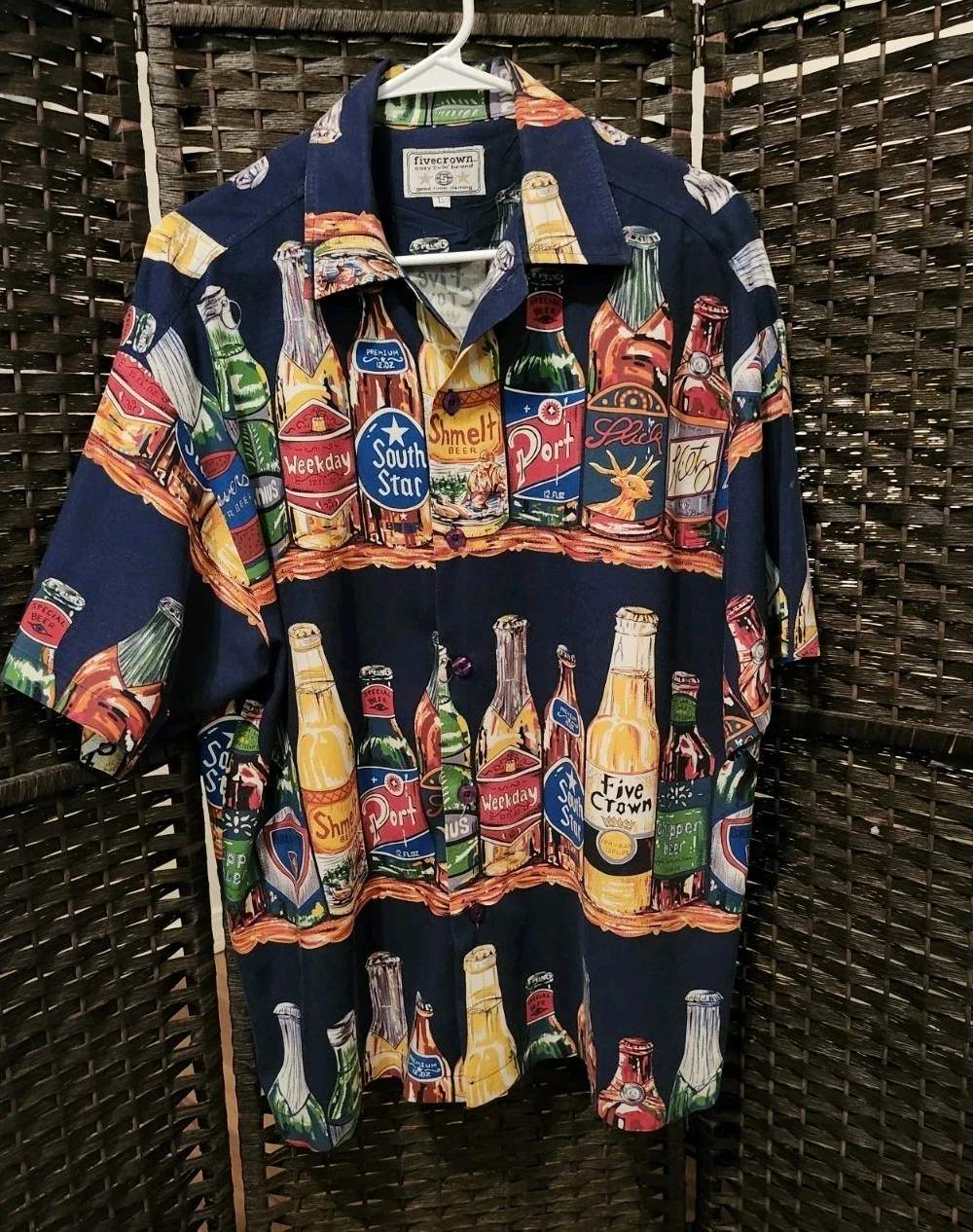 Fivecrown Hawaiian Shirt Men's Large - Beer Bottle Print, Short Sleeve,...